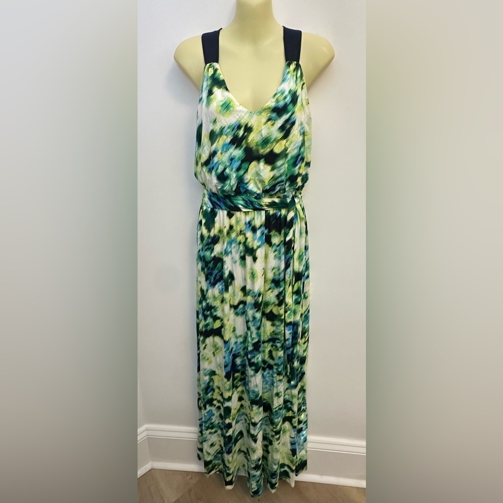 Express V-neck Green and Blue TieDye Maxi Dress with Cloth Belt size S